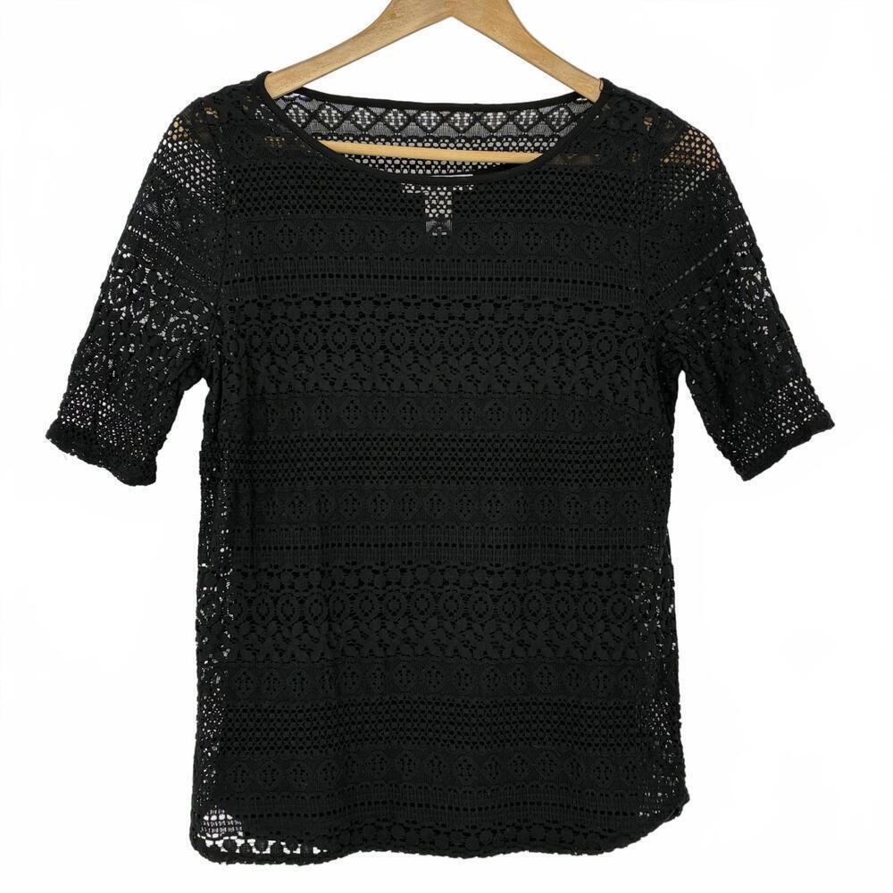 White House Black Market Whimsygoth Boho Crochet Lace Short Sleeve Blk Blouse, M
